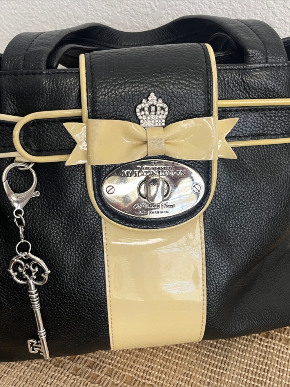 MY FLAT IN LONDON DEBUTANTE Black & Cream Soft Leather Bowtie Satchel